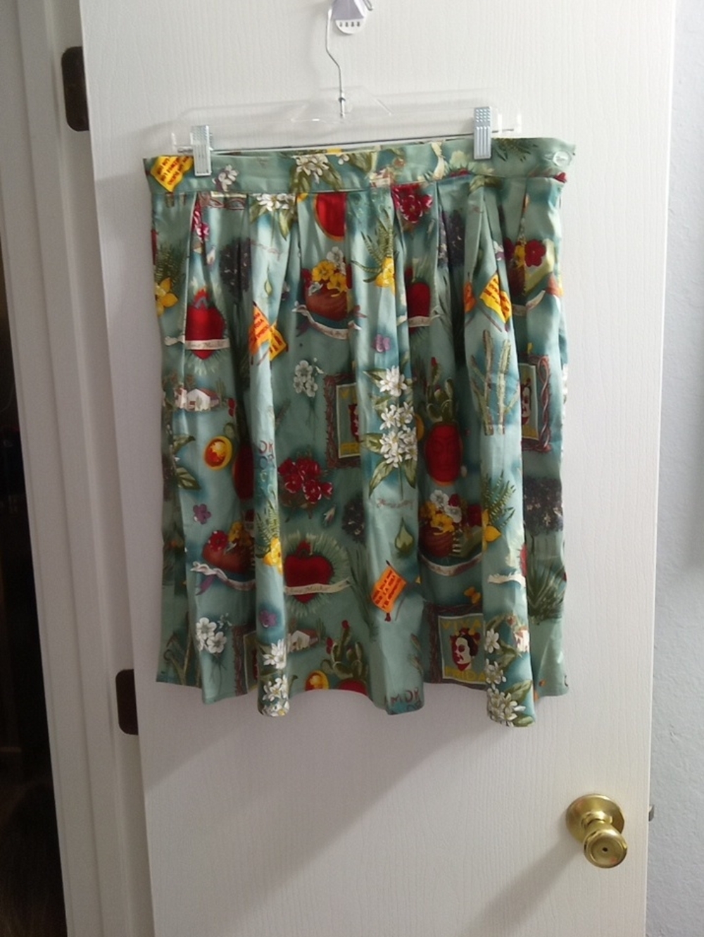 Grace Karin Floral & Fruit Pleated A-Line Skirt in Mint Green and Red